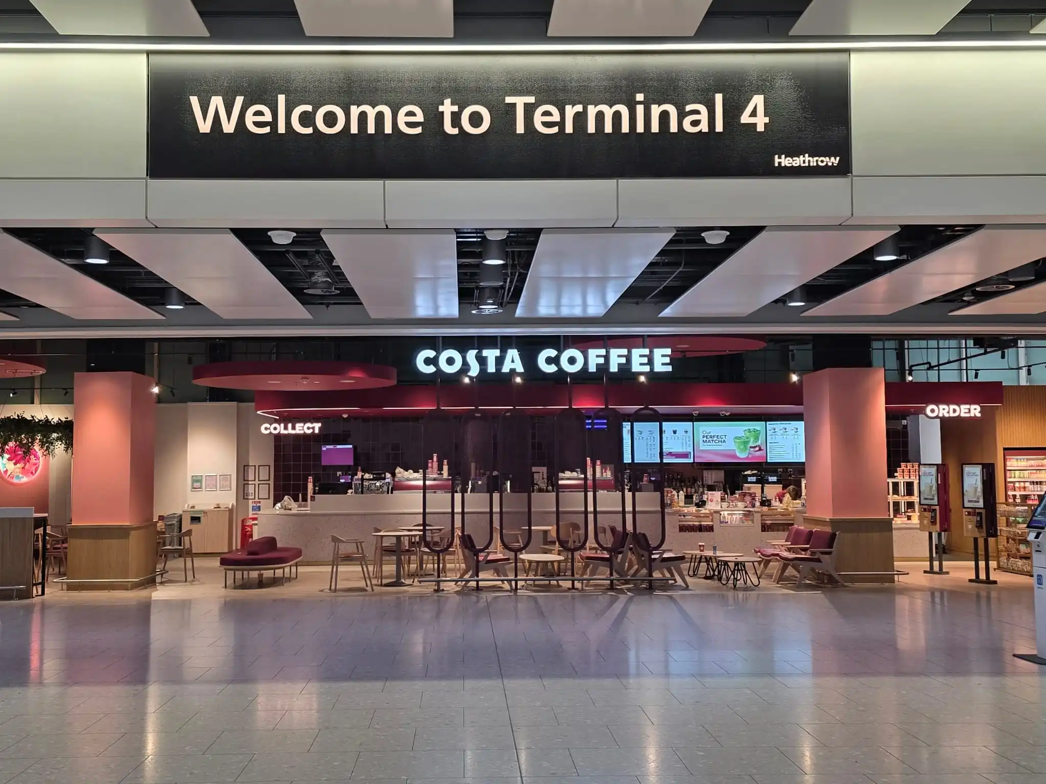 Heathrow Terminal 4 airport pickup meeting point in front of Costa Coffee